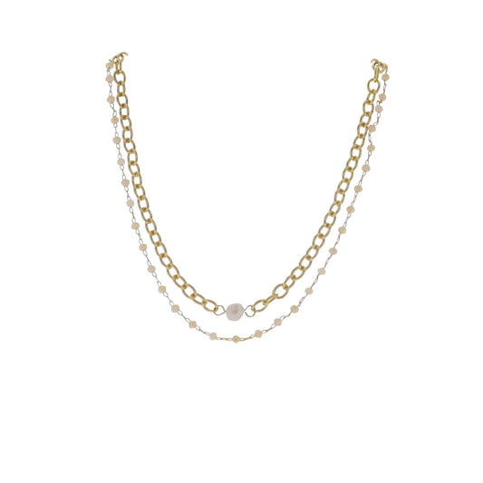 15" 18K Gold Plated Gold & Champagne Oval Beaded & Chain 2 Layer Necklace with Pearl Pendant