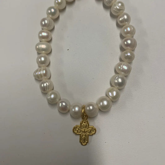 Pearl Bracelet with Tiny 4WAY Cross Medal