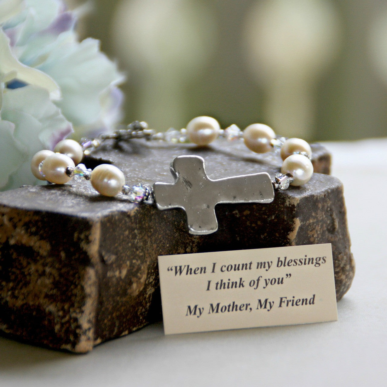Freshwater Pearls and Hammered Cross Bracelet for Mother