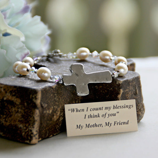 Freshwater Pearls and Hammered Cross Bracelet for Mother