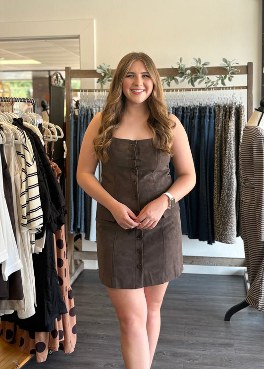 Brown Square Neck Suede Mini Dress