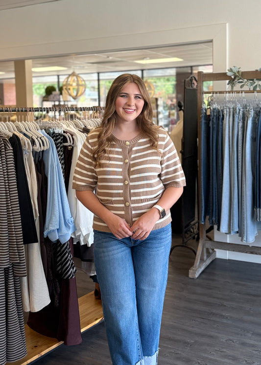 Taupe Stripe Button Down Knit Top
