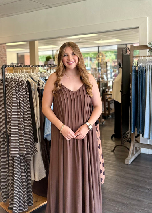 Brown Pleated Pintuck Spaghetti Strap Maxi Dress