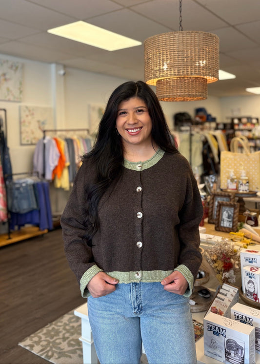 Chocolate Matcha Trim Cardigan Sweater