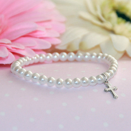 Stretchy Top Selling Glass Pearl Bracelet with Sterling Silver Cross