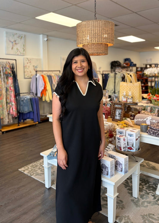 Black Scallop Trim Midi Dress