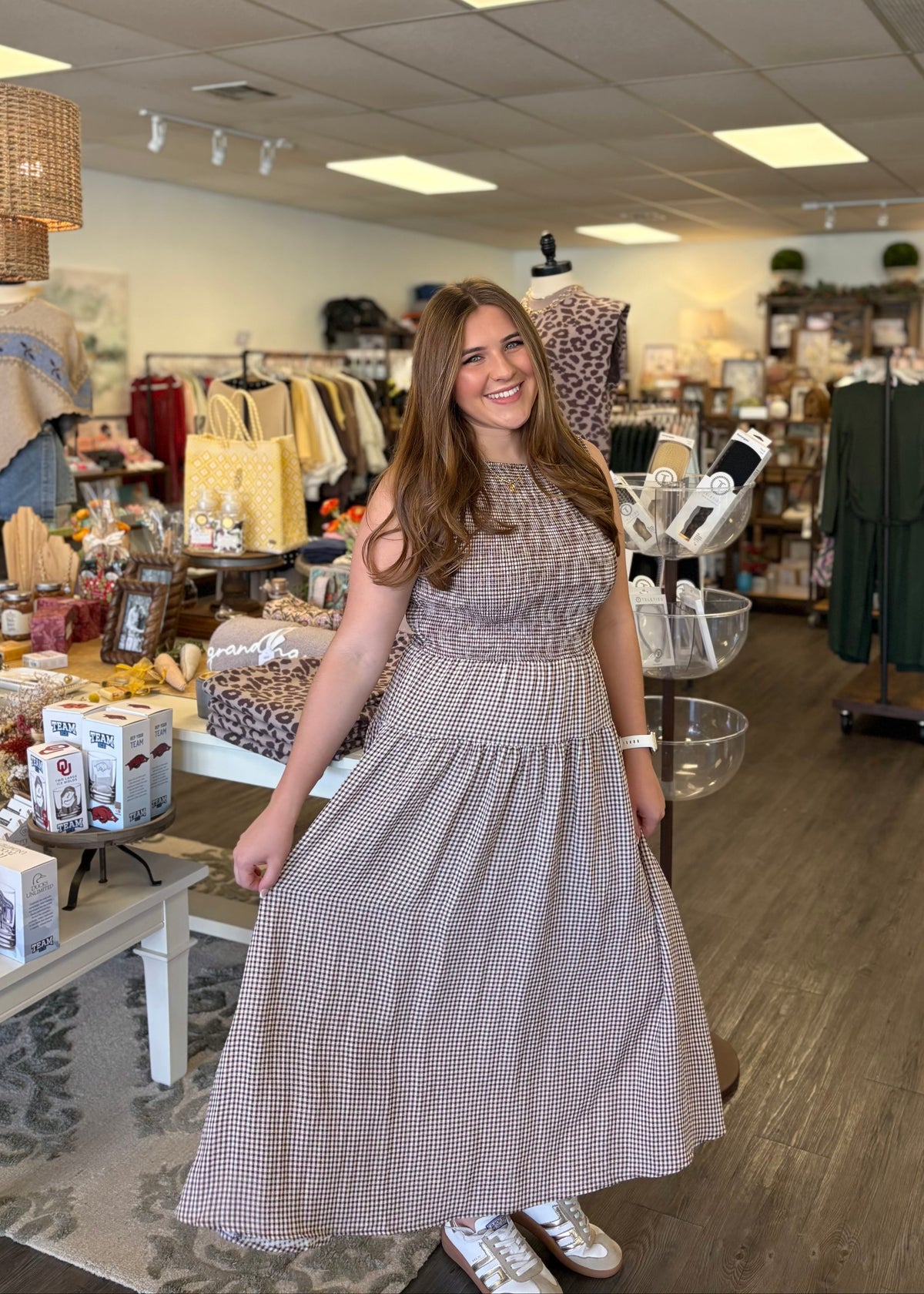 Brown Smocked Gingham Sleeveless Midi Dress