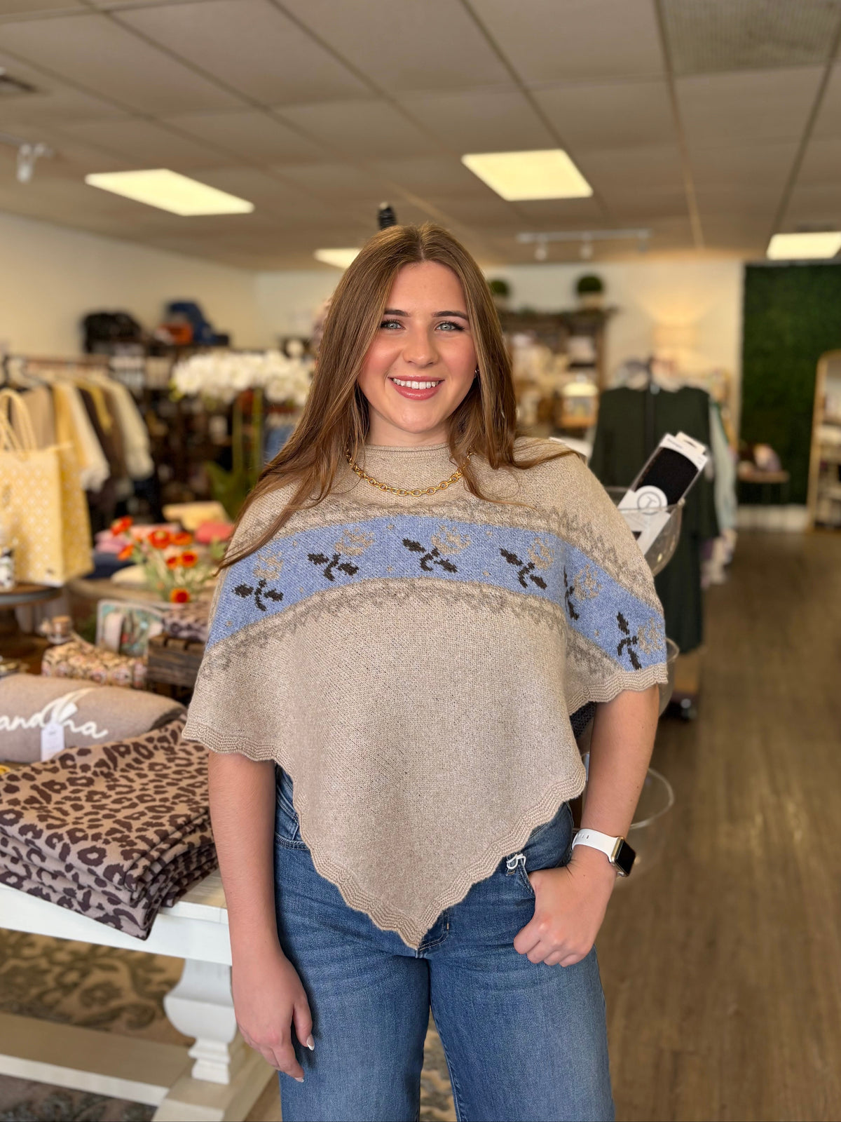 Dusty Blue & Sand Sweater Poncho