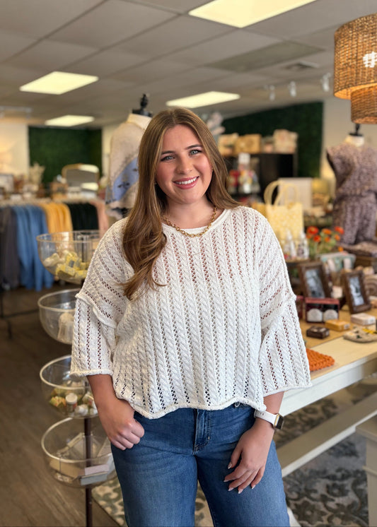 White Knit Pointelle Sweater