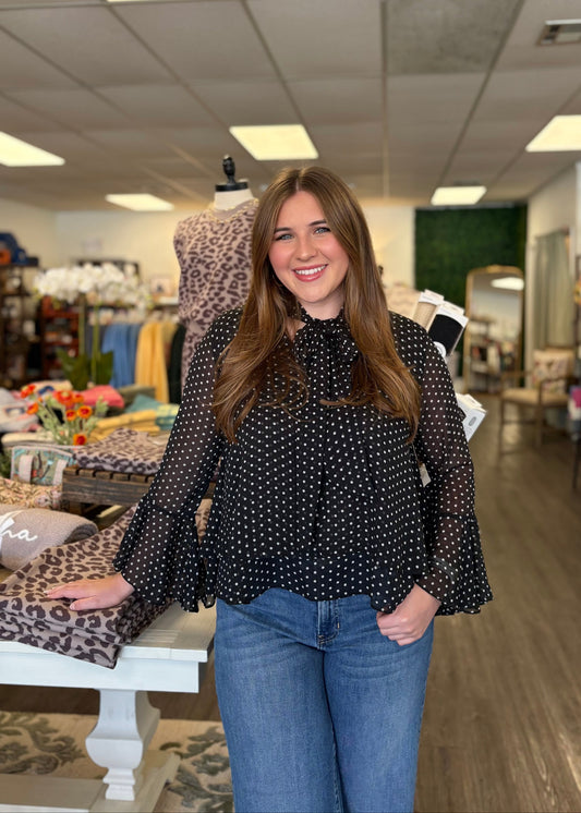 Black Bell Sleeve Polka Dot Blouse