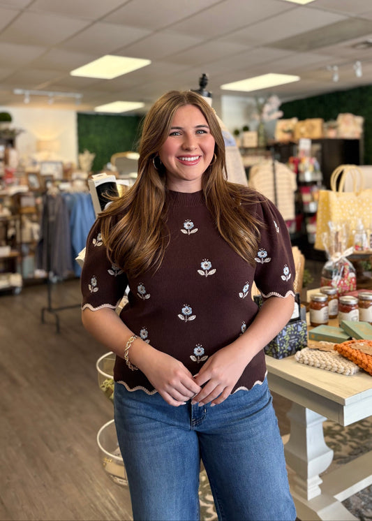 Brown Floral Embroidered Scallop Trim Sweater