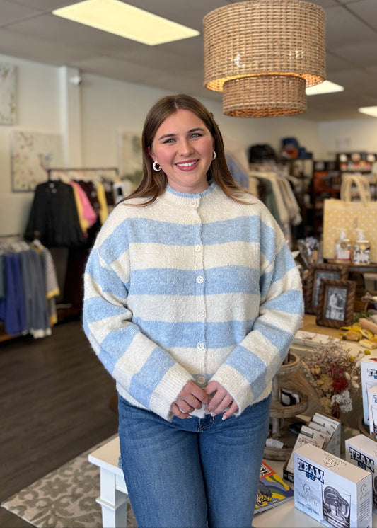 Icy Blue Striped Fuzzy Mock Neck