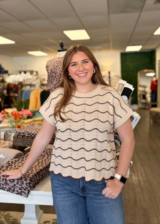 Taupe Scallop Striped Knit Top