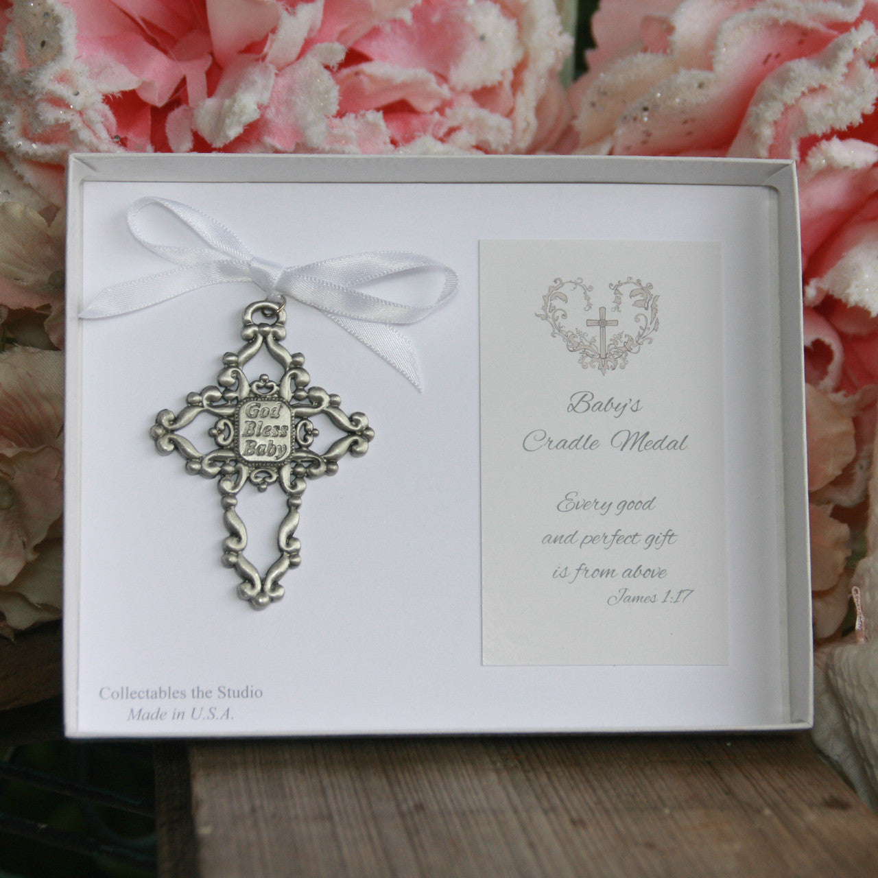 God Bless Baby Cradle Medal White Ribbon