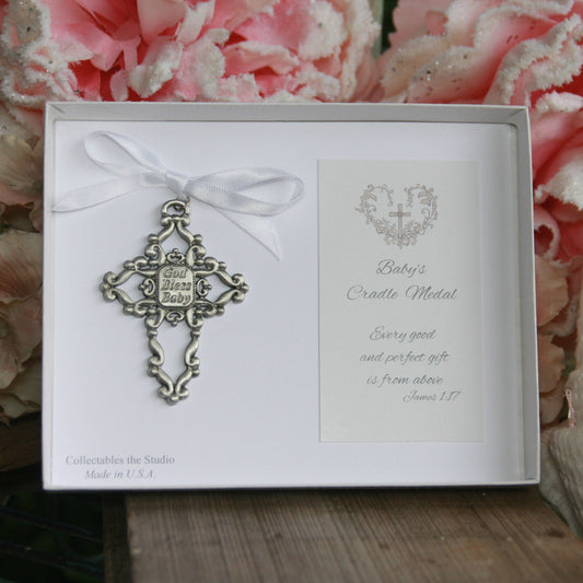 God Bless Baby Cradle Medal White Ribbon
