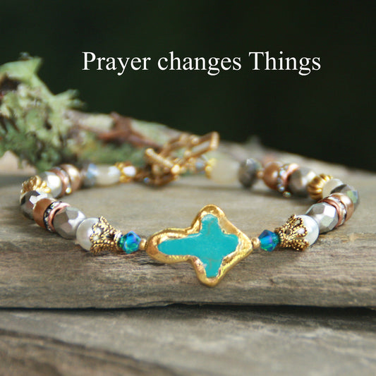 Gilded Cross Prayer Changes Things Beaded Bracelet