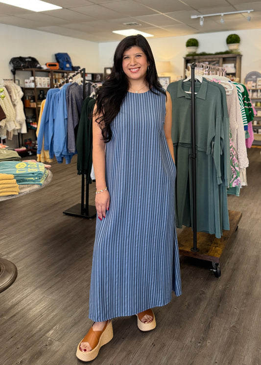 Denim Blue Striped Dress W/ Pockets