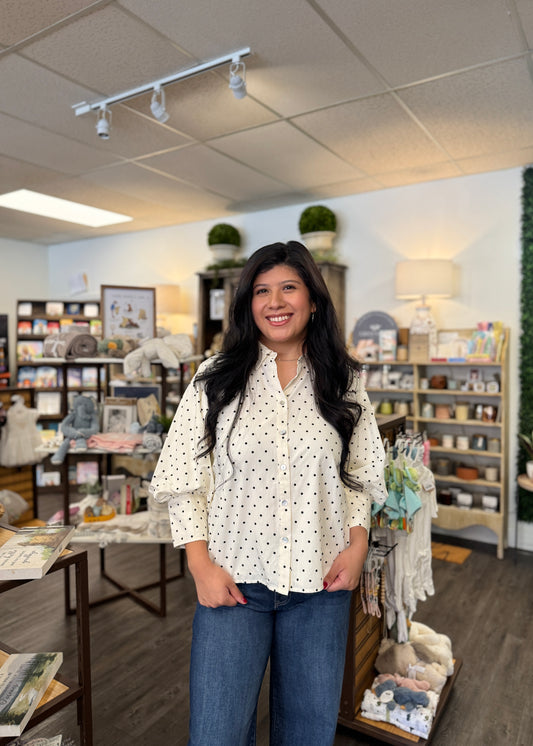 Ivory Bishop Sleeve Button Down Polka Dot Top