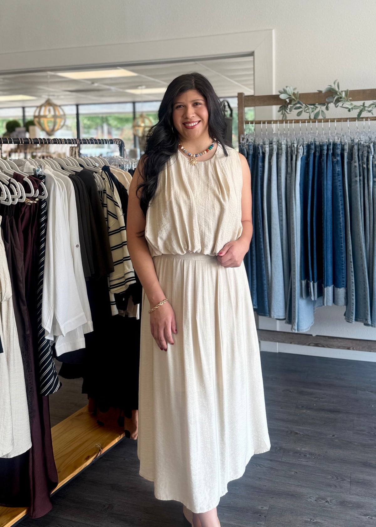 Oatmeal Pleated Bubble Top & Midi Skirt Set