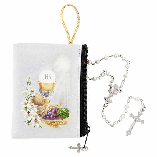 First Communion Rosary with Case- White