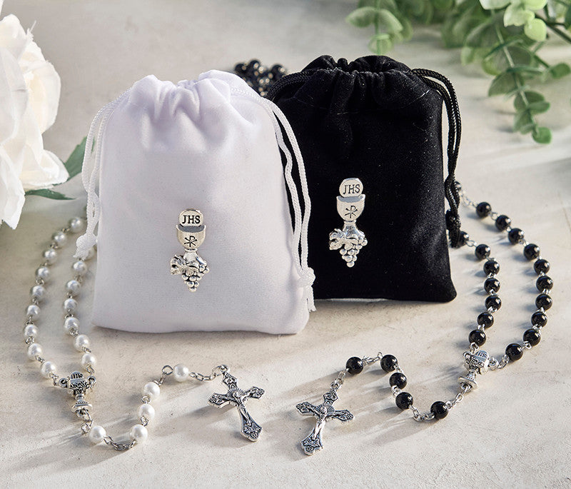 First Communion Glass Rosary and Lapel Pin Set
