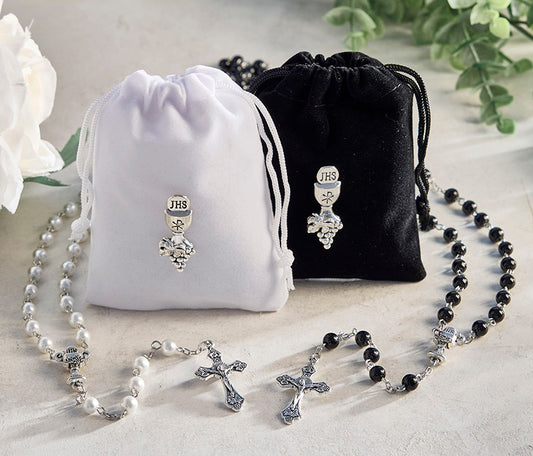 First Communion Glass Rosary and Lapel Pin Set