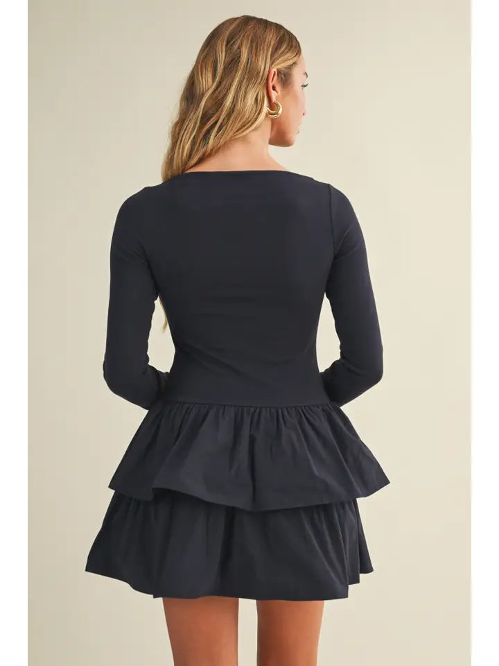 Shadow Blue Boat Neck Tiered Ruffle Dress