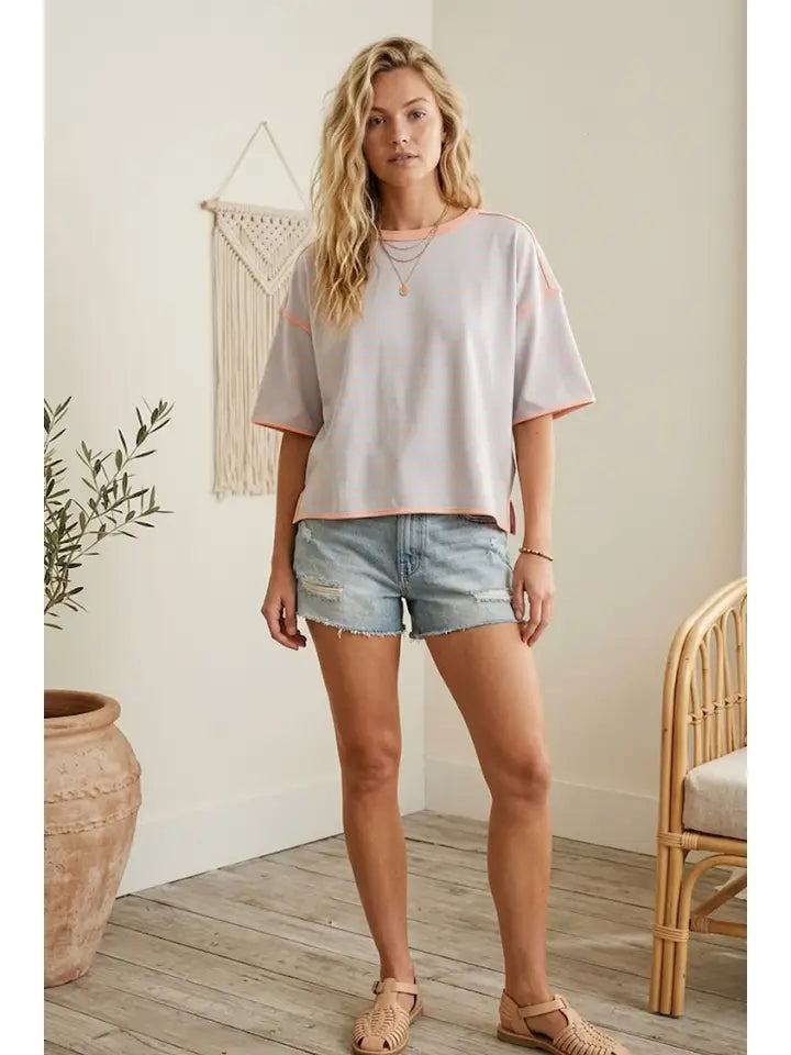 Dusty Blue/Apricot Striped Relaxed Tee