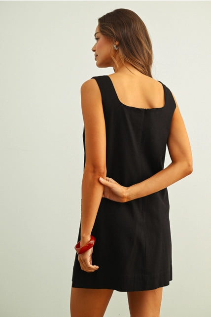 Black Square Neck Linen Dress w/ Eyelet Pocket