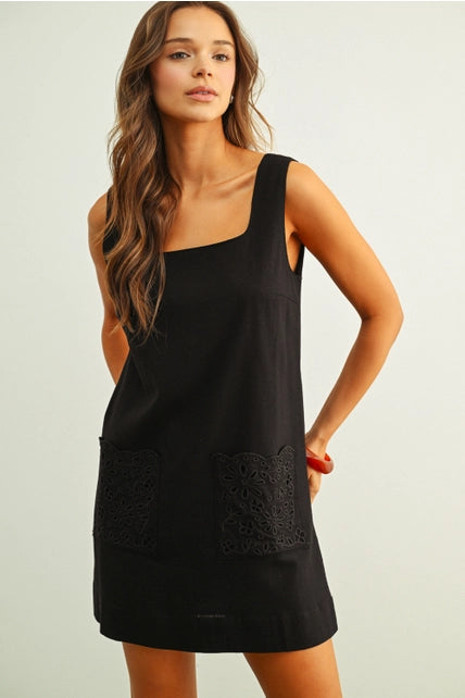Black Square Neck Linen Dress w/ Eyelet Pocket