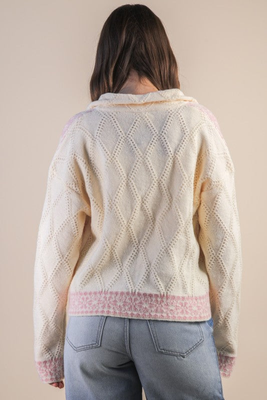 Rose Ecru Zip Up Cardigan