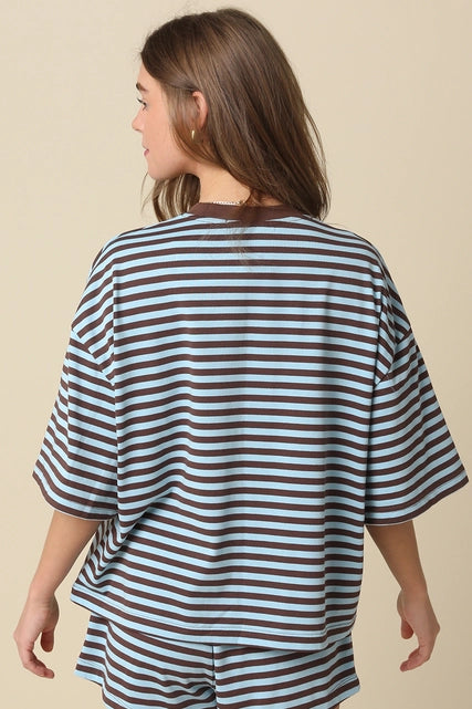 Blue/Brown Striped Relaxed-Fit Top & Shorts Set