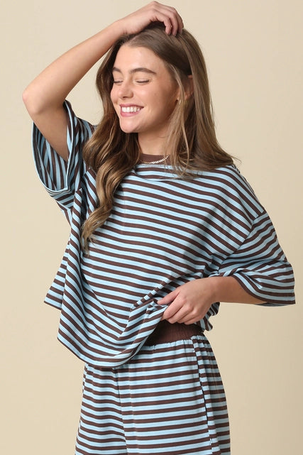 Blue/Brown Striped Relaxed-Fit Top & Shorts Set