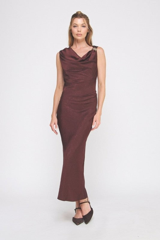 Drk Fig Satin Draped Dress w/ Brooch Detail