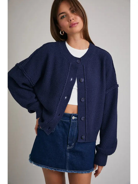 Navy Long Sleeve Waffle Knit Cardigan