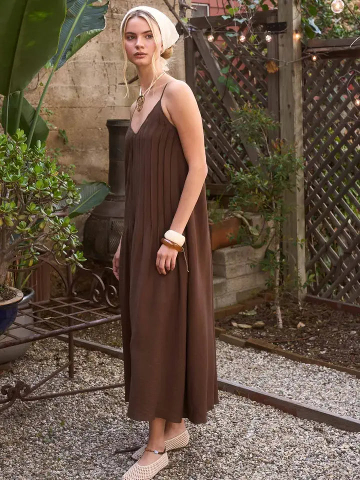 Brown Pleated Pintuck Spaghetti Strap Maxi Dress