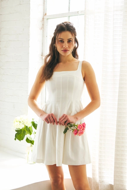 Square Neck Pleated Mini Dress with Pockets