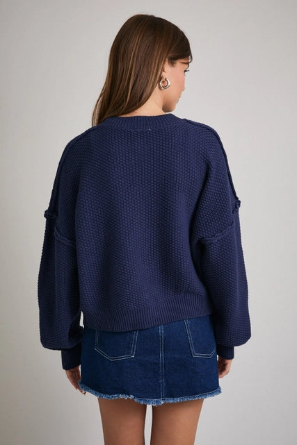 Navy Long Sleeve Waffle Knit Cardigan