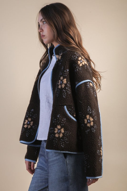 Choco Floral Fleece Sherpa Jacket