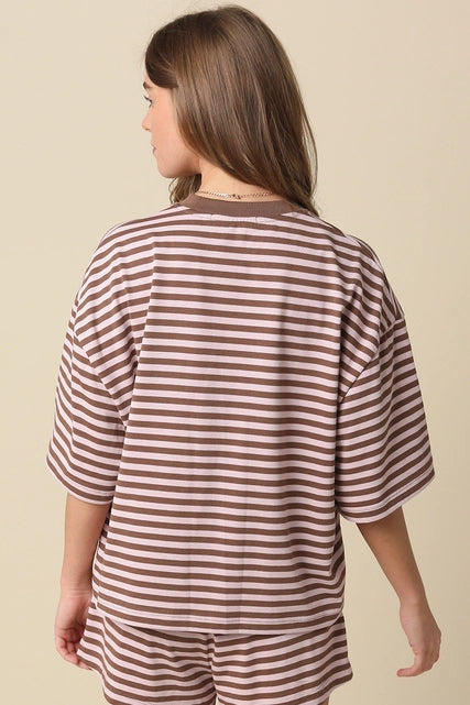 Pink/Brown Striped Relaxed-Fit Top & Shorts Set