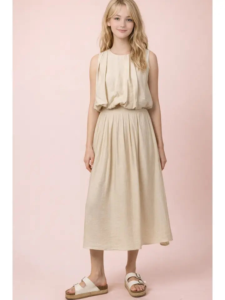 Oatmeal Pleated Bubble Top & Midi Skirt Set