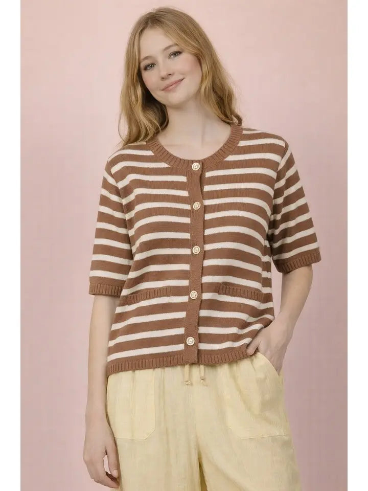 Taupe Stripe Button Down Knit Top