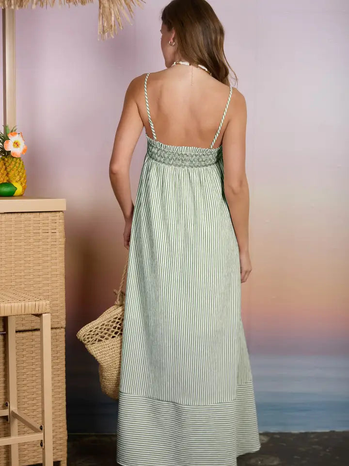 Green Smocked Striped Maxi Dress