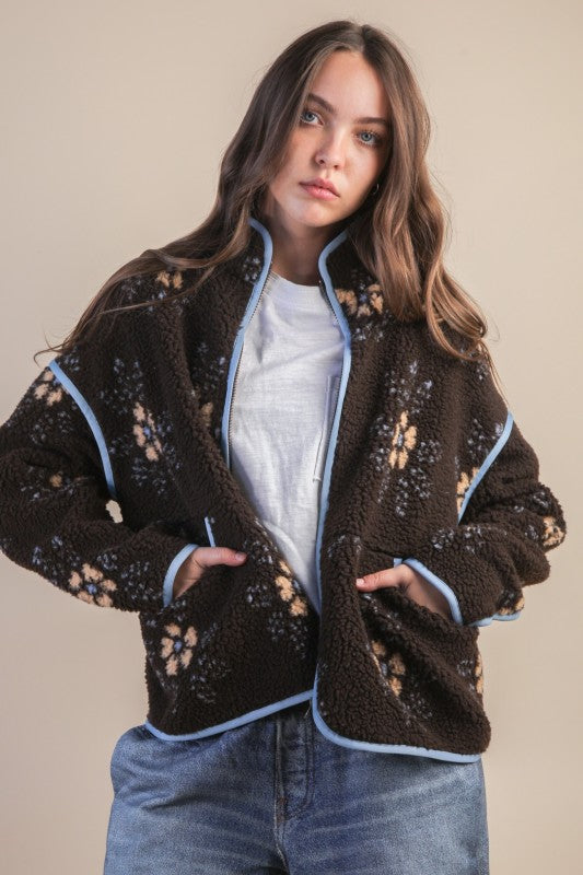 Choco Floral Fleece Sherpa Jacket
