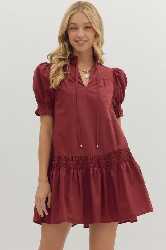 Burgundy Puff Sleeve Mini Dress