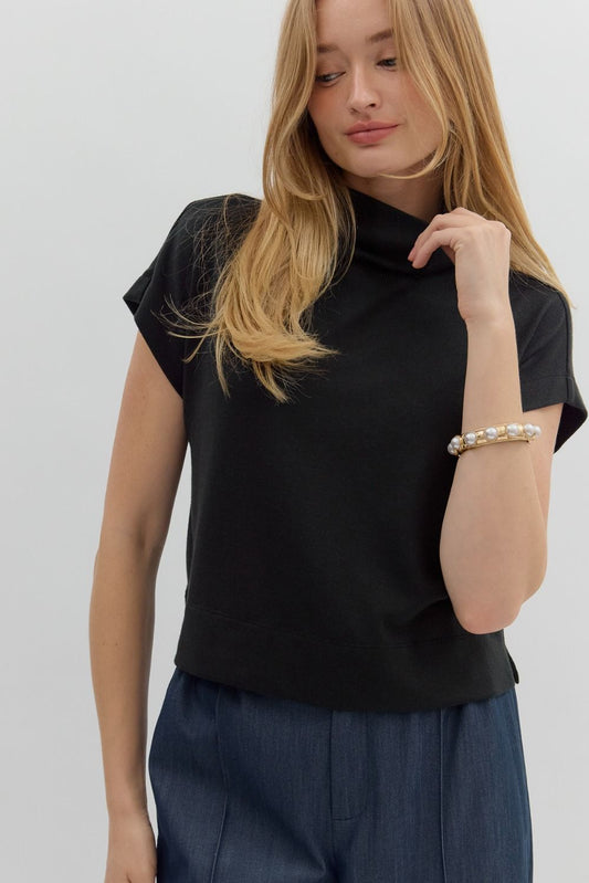 Black Knit Mock Neck Pullover Top