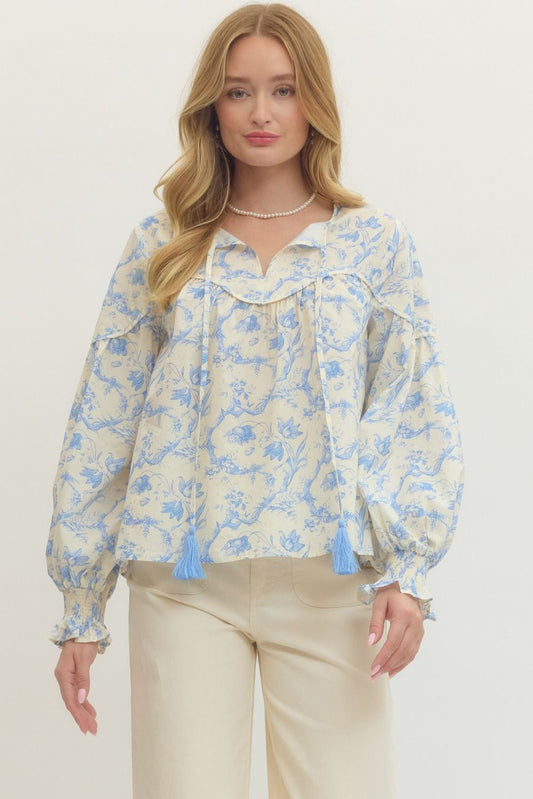 Blue Floral Long Sleeve Top