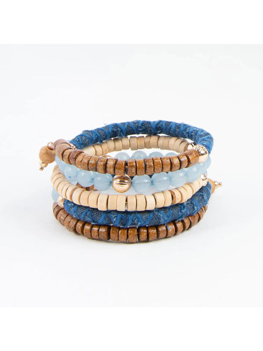 Kordyn Multi Row Wood & Denim Coil Bracelet