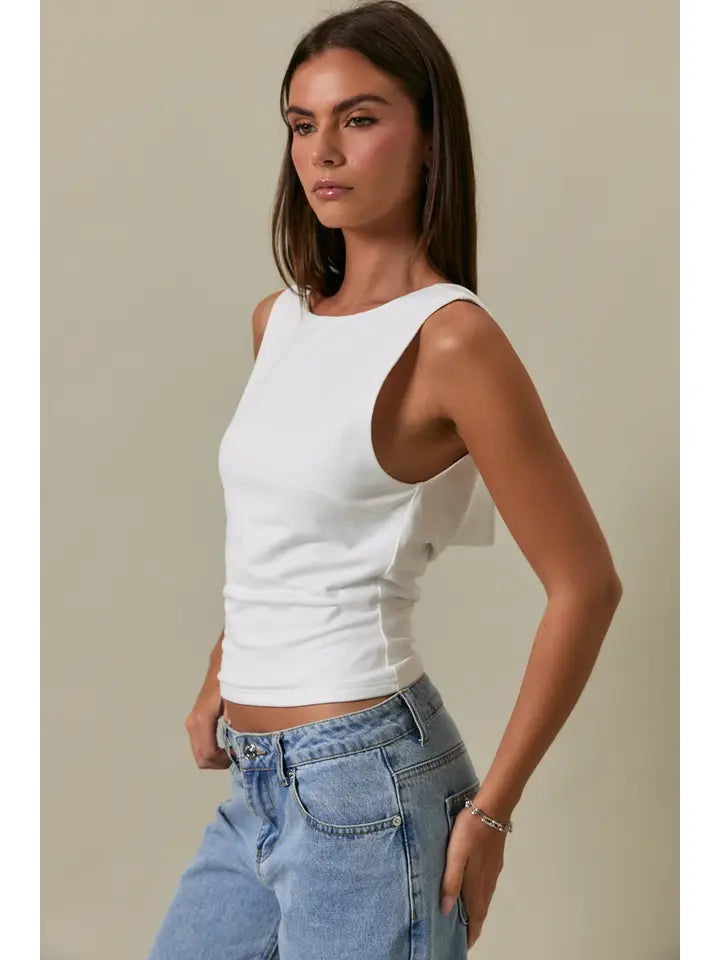 White High Neck Cowl Back Top