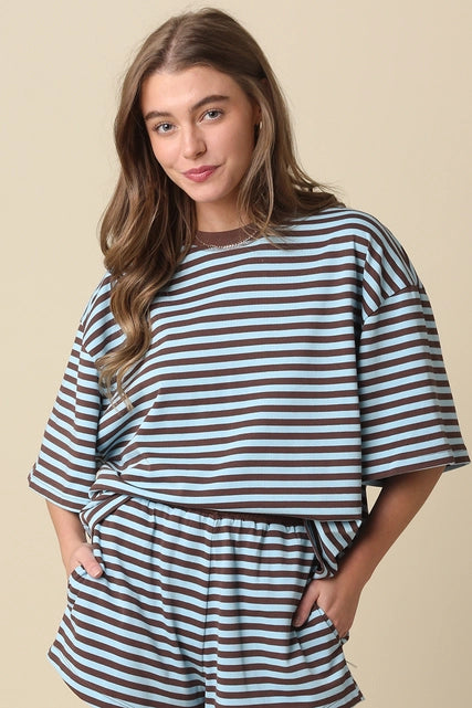 Blue/Brown Striped Relaxed-Fit Top & Shorts Set